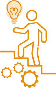 Orange graphic illustration of a figure walking up steps. Below the steps are gears and in front of the figure is a lightbulb. 