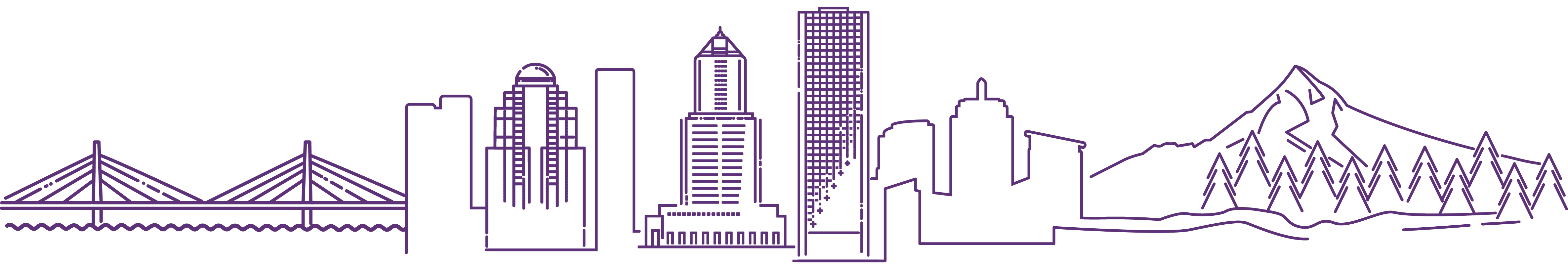 Purple line illustration of the Portland skyline including a bridge and Mt. Hood