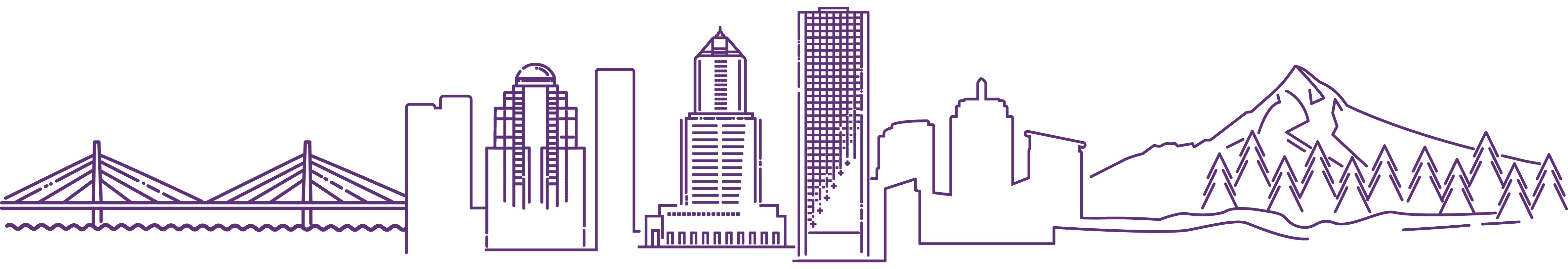 2023 AEPAC footer purple-01 Purple line illustration of the Portland skyline including a bridge and Mt. Hood
