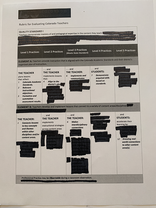 Image of redacted information from a Colorado teacher evaluation survey.