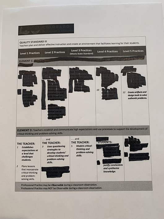 Image of redacted information from a Colorado teacher evaluation survey.
