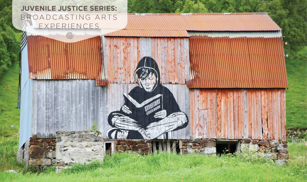 This photo is taken outdoors in the Norwegian countryside and is a landscape-style image. The photographer chose to focus on a large, partially rusted tin barn. On the front of the barn and centered in the photograph, a street artist painted a mural of a young person in a seated position. The mural subject is wearing a black hoodie and reading a book titled "Street Art Cookbook." The photo's foreground is bright green pasture, and the background of the photo includes a wall of bright green trees. Photo by Mark König on Unsplash