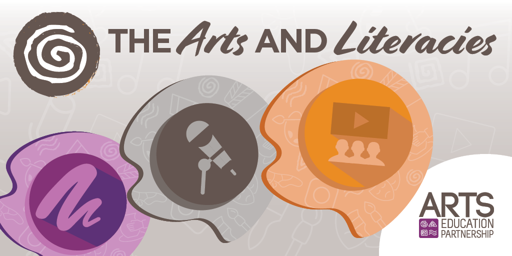 A graphic with text reading "The arts and literacies" above icons and the AEP logo. The icons are a purple marker or paint mark, a gray telescope, and an orange icon of three heads watching a video.