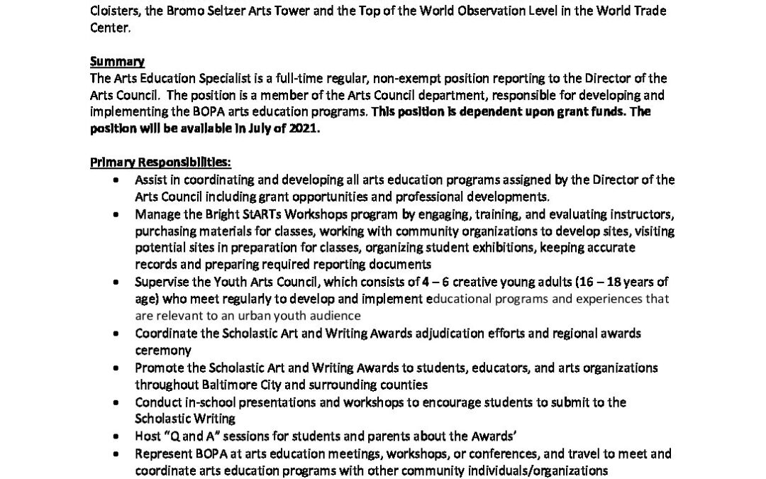 BOPA Arts Education Specialist Job Description
