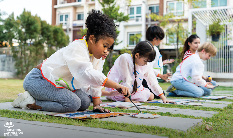 Image caption: A diverse group of five young students are painting outside in the grass. 