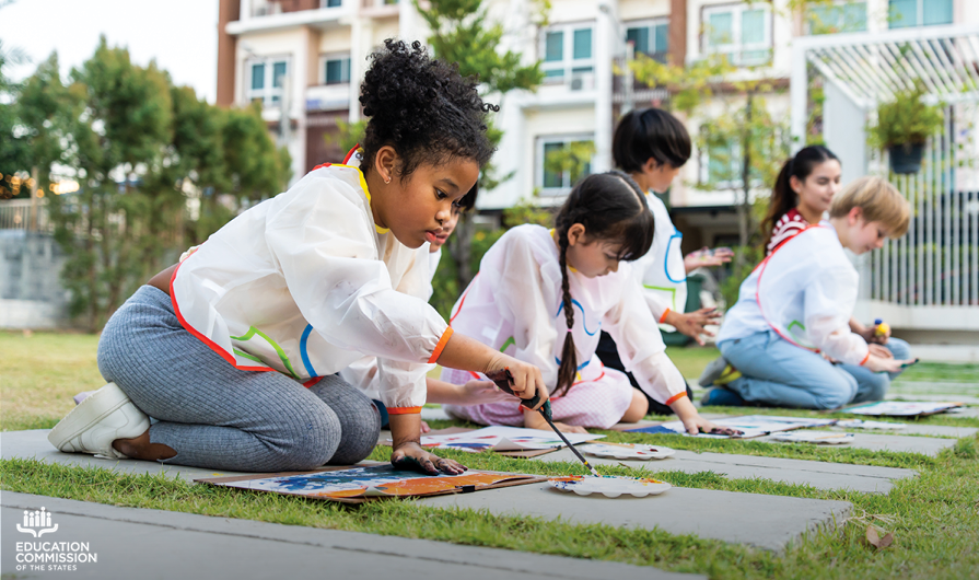 Image caption: A diverse group of five young students are painting outside in the grass.