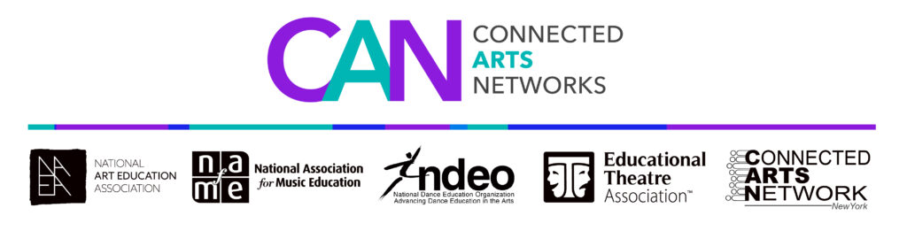 Logo for CAN, Connected Arts Network. Below the logo are the logos for the National Art Education Association, National Association for Music Education, National lDance Education Organization, and Educational Theatre Association.