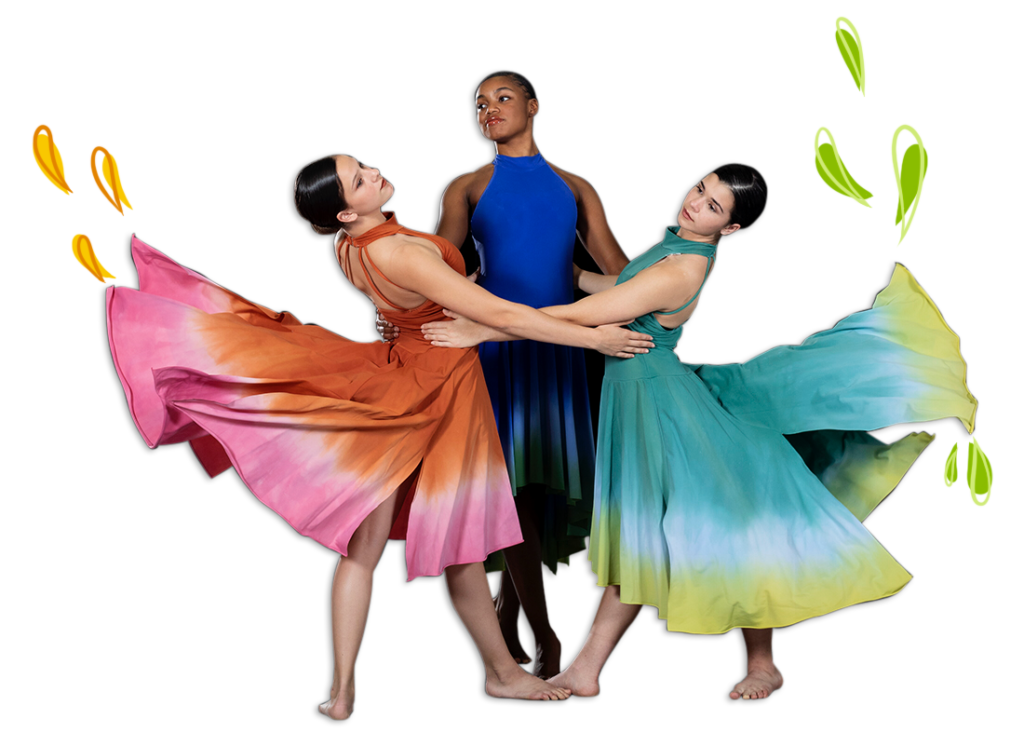 modern dance trio posing in colorful blowing skirts