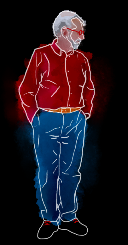 An illustration of painter, Gary Bukovnik. In the illustration, Gary is wearing a red shirt, blue pants and red glasses.