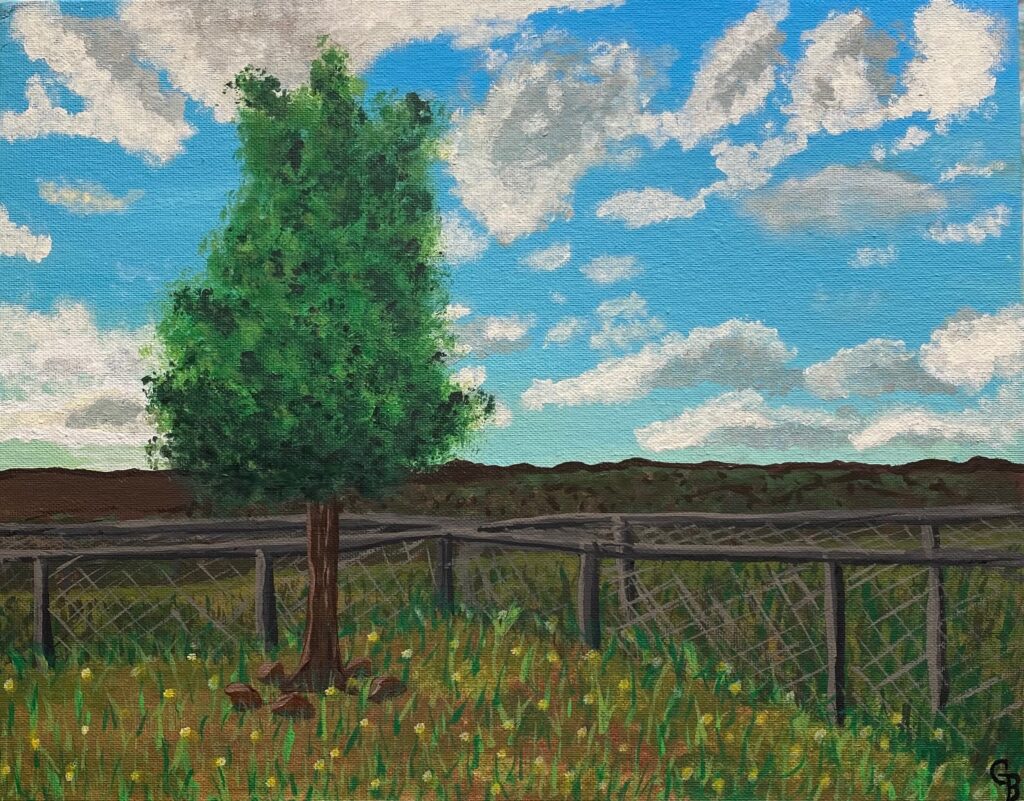 Painting of a leafy tree in front of a blue sky with clouds. There is a fence running behind the tree.