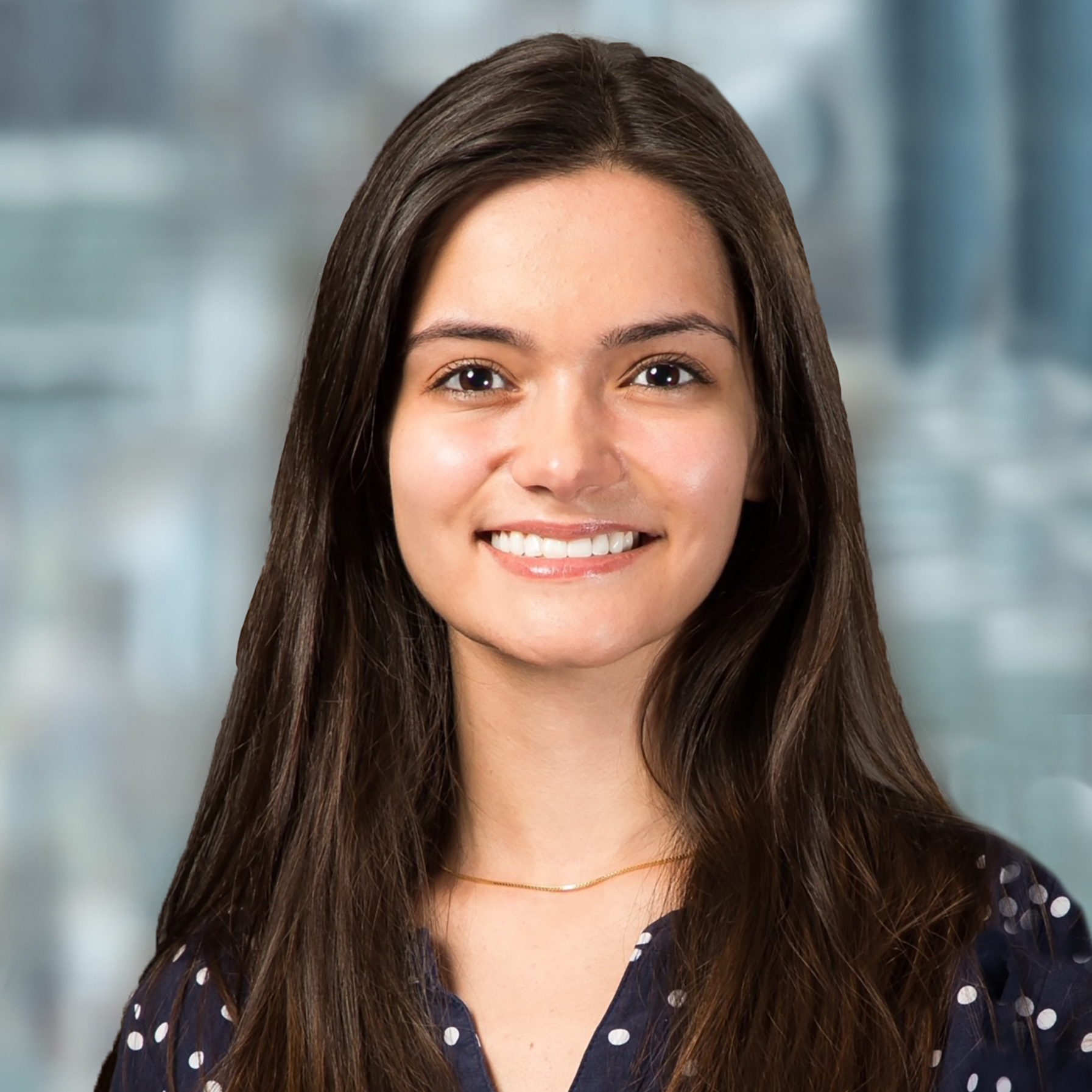 Professional headshot of Mitra Chamanbahar. Mitra is smiling and has long brown hair. She is wearing a dark blouse with white polka dots and a gold, chain necklace.