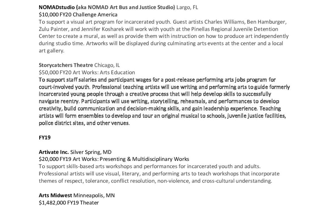 NEA Arts Ed request – juvenile justice FY18-FY20