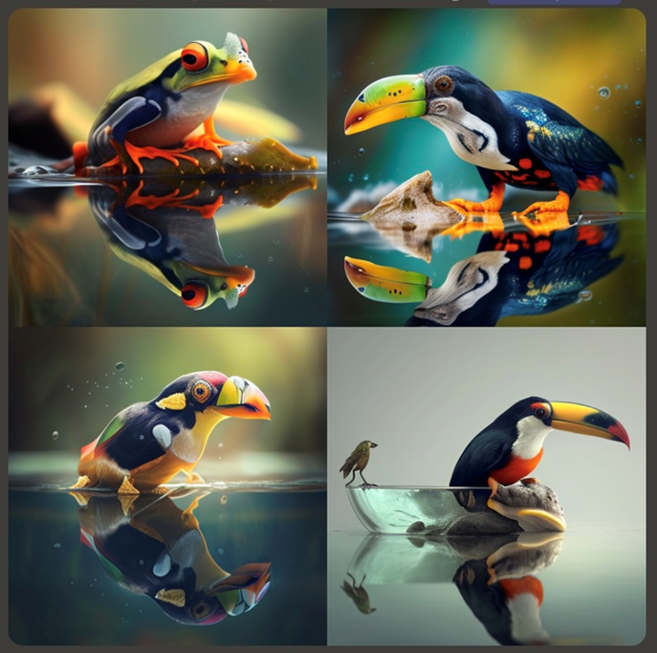 Four AI generated images of a frog combined with a toucan.