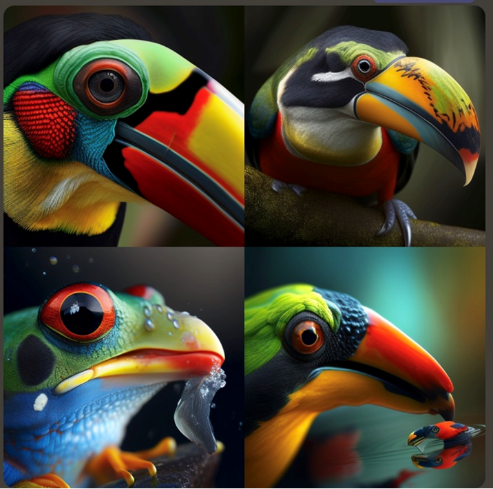 Four AI generated images of a frog combined with a toucan.