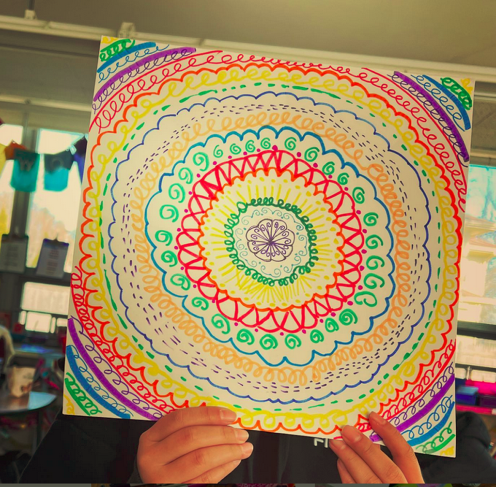 Image of two hands holding up a colorful mandala drawing made on paper with markers