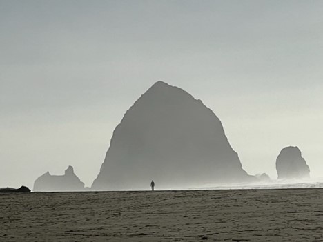 A hazy photograph of a figure walking on a beach with a mountain in the background