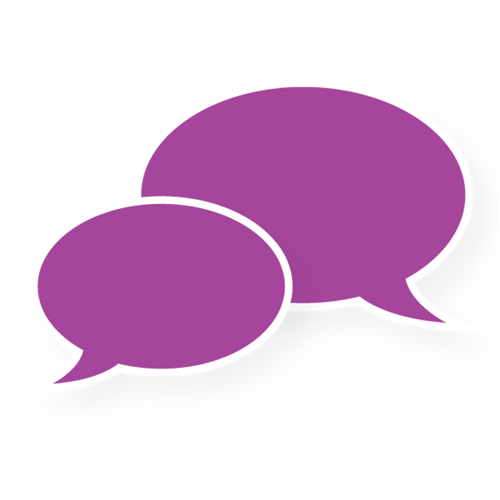 Graphic icon of two purple speech bubbles.