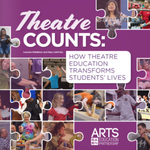 Cover for AEP's Theatre Counts resource. The cover is purple with white text. It has images of people from theatre experiences pieced together with jigsaw puzzle borders