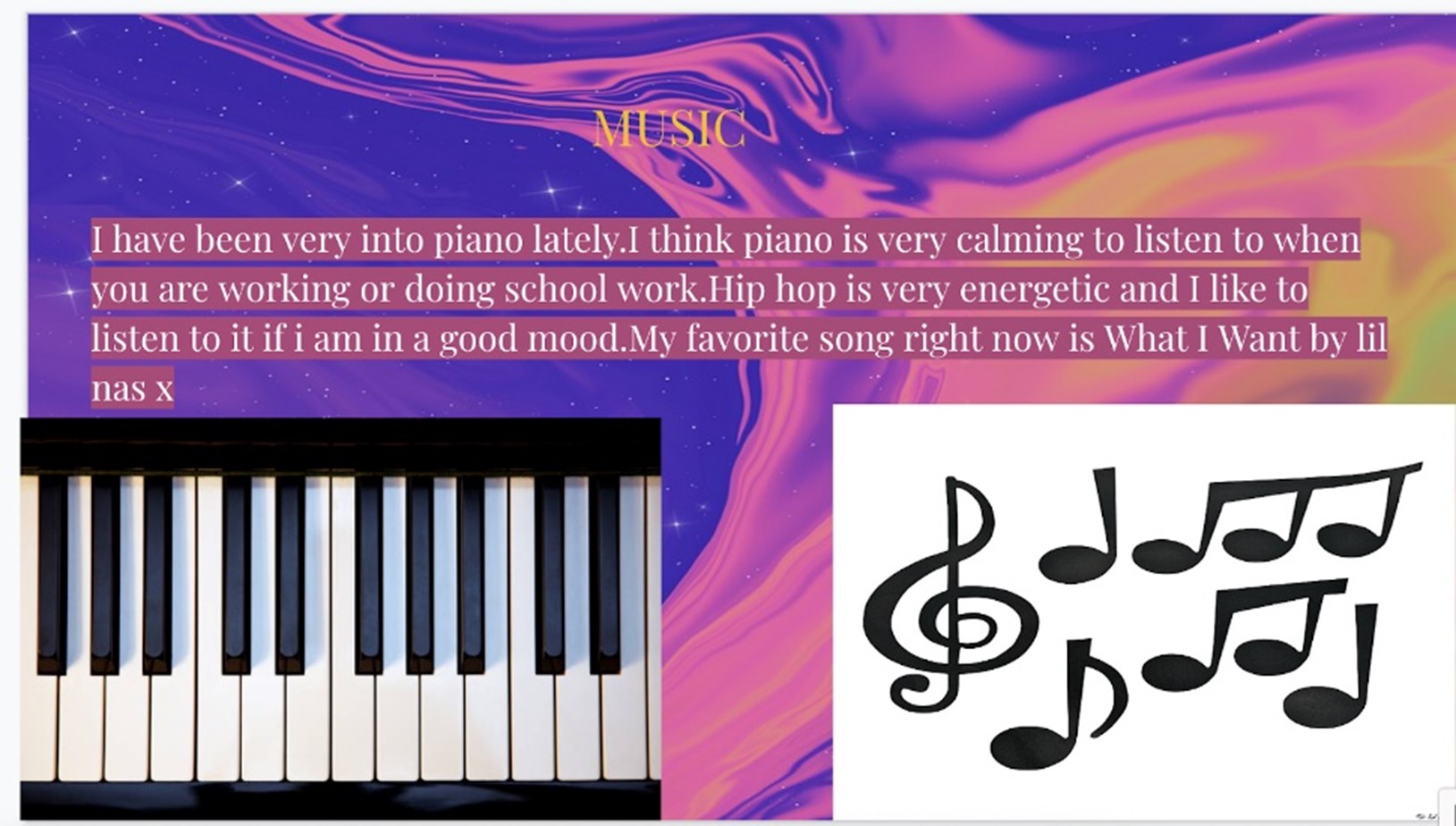 Screen shot of a slide from a music learning online platform. The slide includes pink and blue graphic design with a piano and music notes.