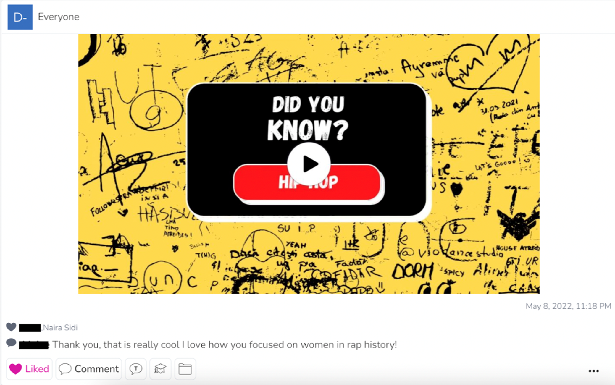 College mentors created “Did You Know” videos to showcase the culture and history of Hip Hop. Seesaw allowed the middle school students to engage back in a style that mimicked social media platforms.