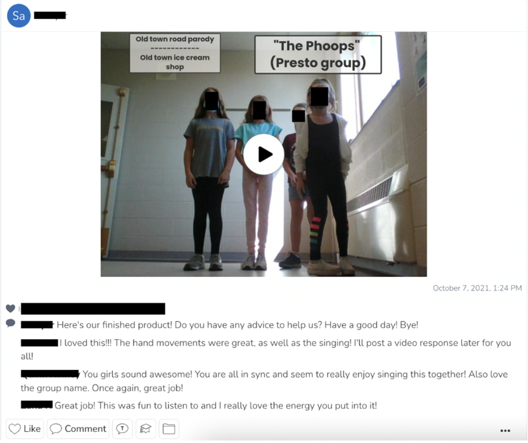 Screenshot of a video uploaded to an online learning platform of three middle school students performing a music project.