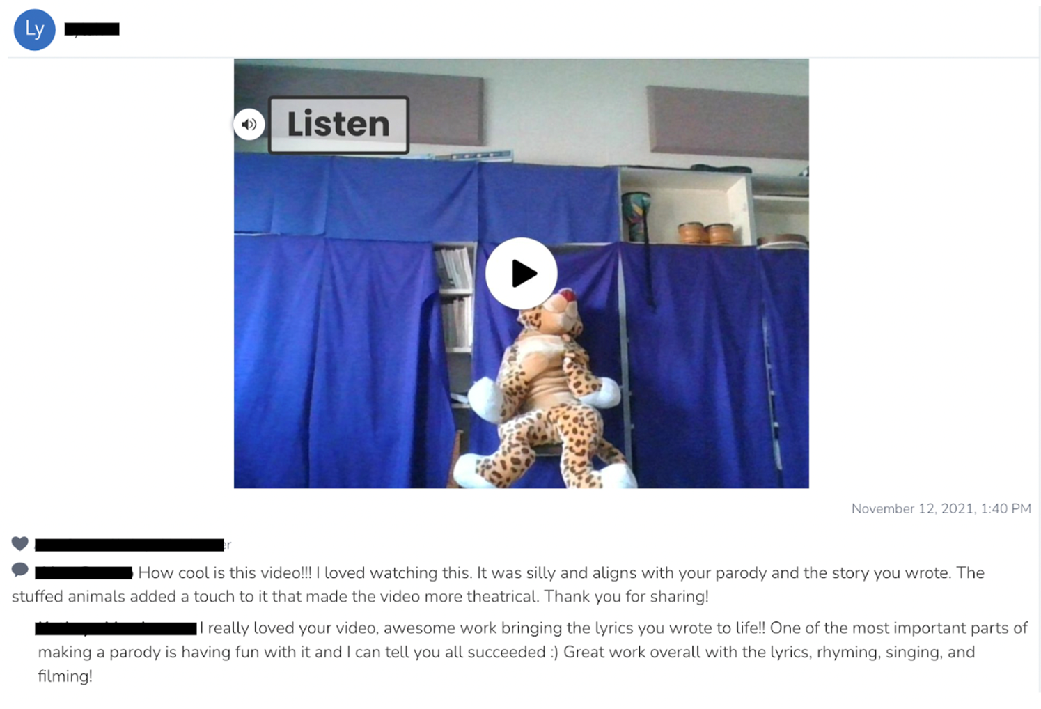 Screenshot of a video uploaded to an online learning platform. Under the video is a dialogue between a mentor and students.