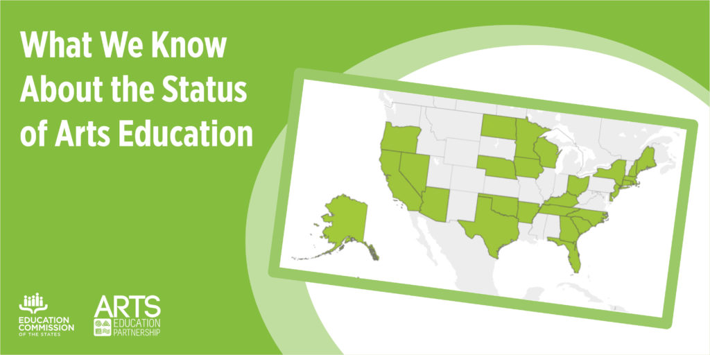 Green and white graphic that says What We Know About the Status of Arts Education and includes a map of the United States in green and gray.