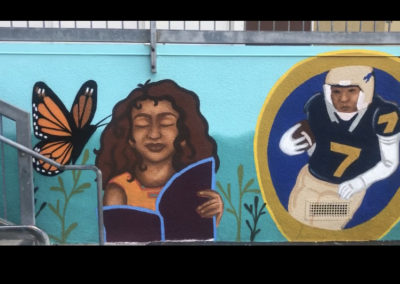 Image of a mural made during the Yorkdale Elementary Mural Project. The image shows a monarch butterfly next to a figure reading. The mural also shows a football player wearing a number 7 jersey.