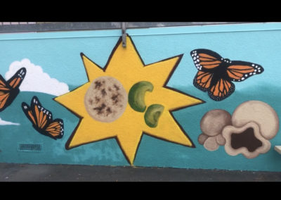 Image of a mural made during the Yorkdale Elementary Mural Project. The image shows some butterflies and cooking ingredients.