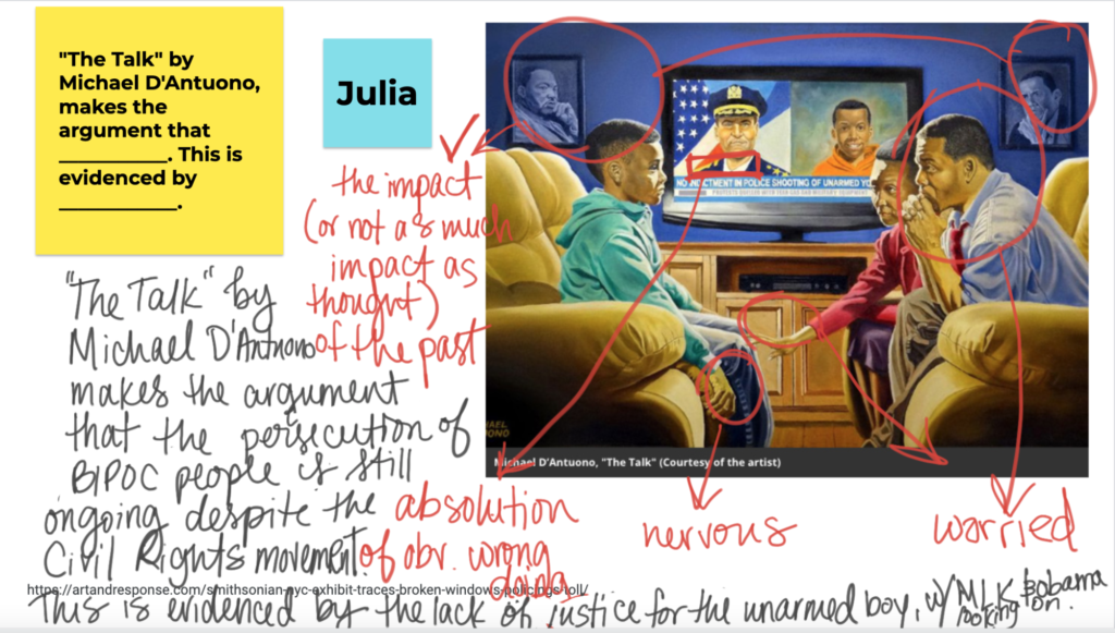 A screenshot of a Google Jamboard with artwork "The Talk" being virtually annotated. Several notes on aspects of the image are written on the screen.